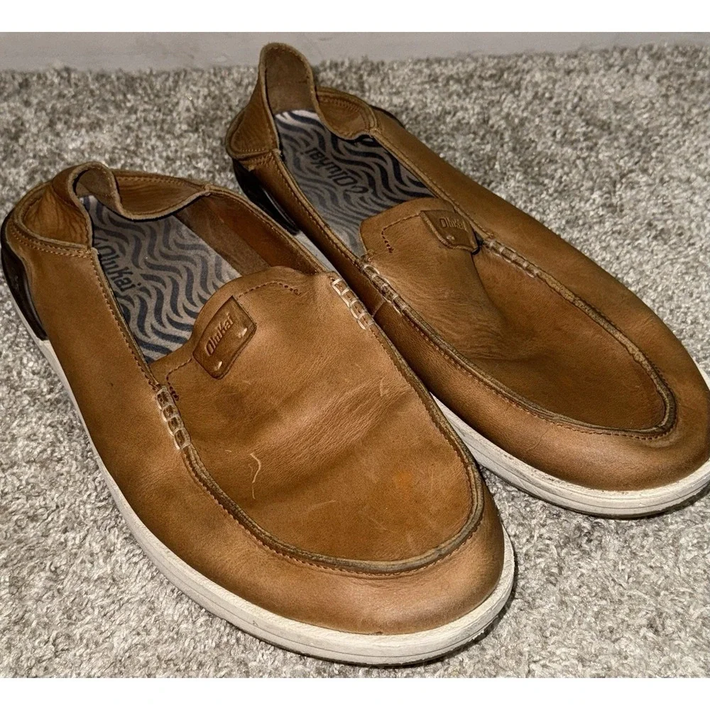Men's Olukai Kakaha Leather Slip-on Shoes US Size Men's 12 Fox 10490-FXFX